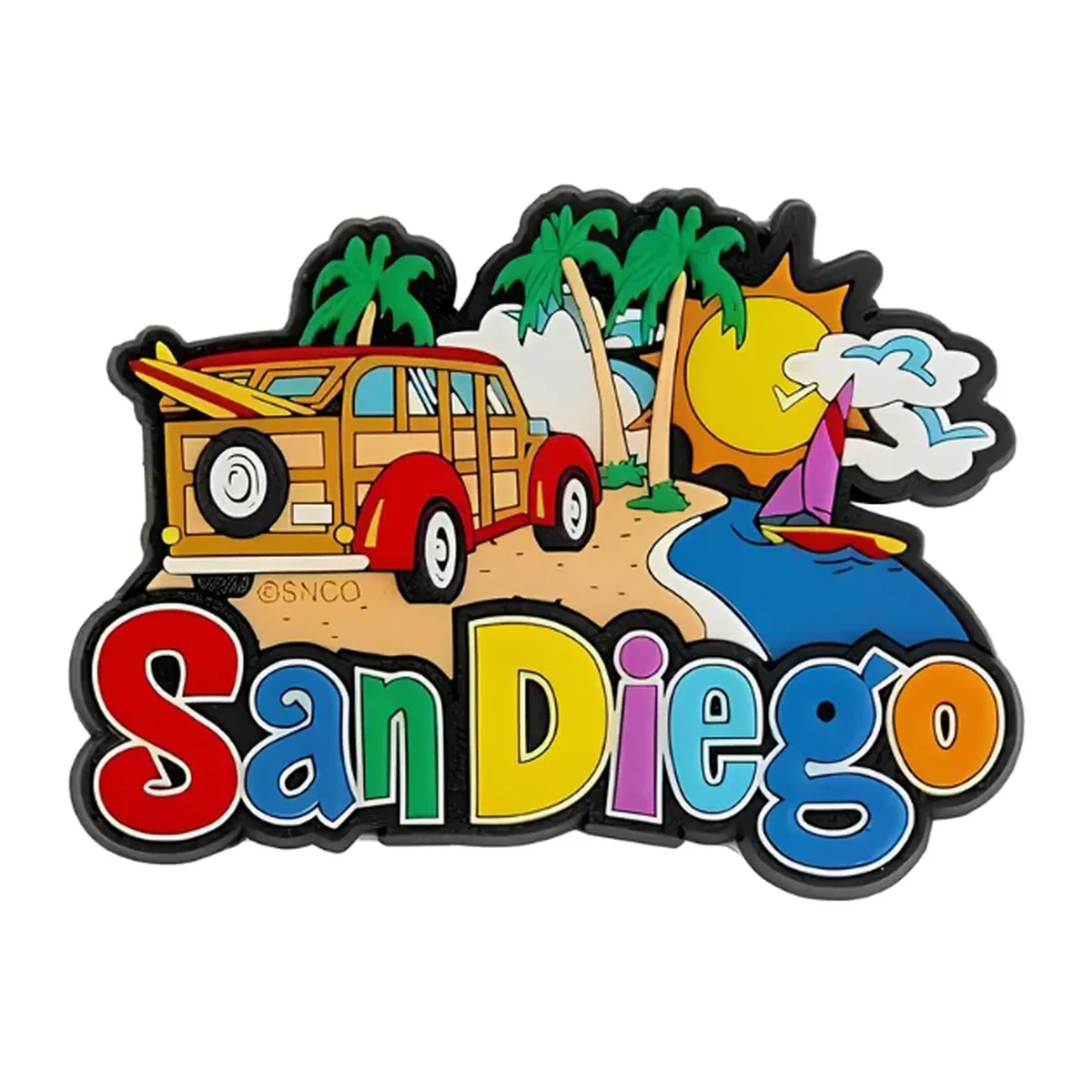 San Diego souvenir fridge magnet with beach, palms, woody car, surfboard and sailboat