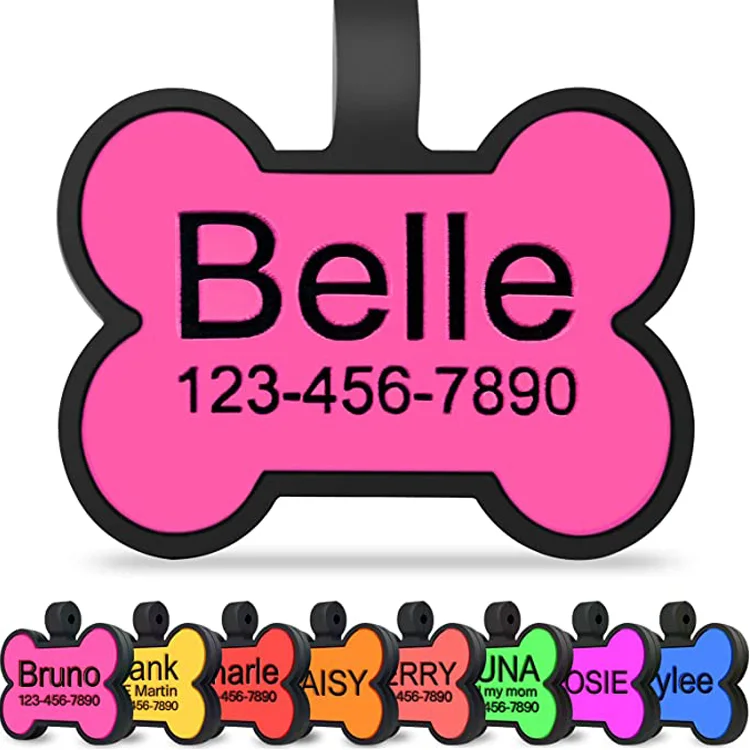Custom silicone pink bone dog tag with pet name and phone number