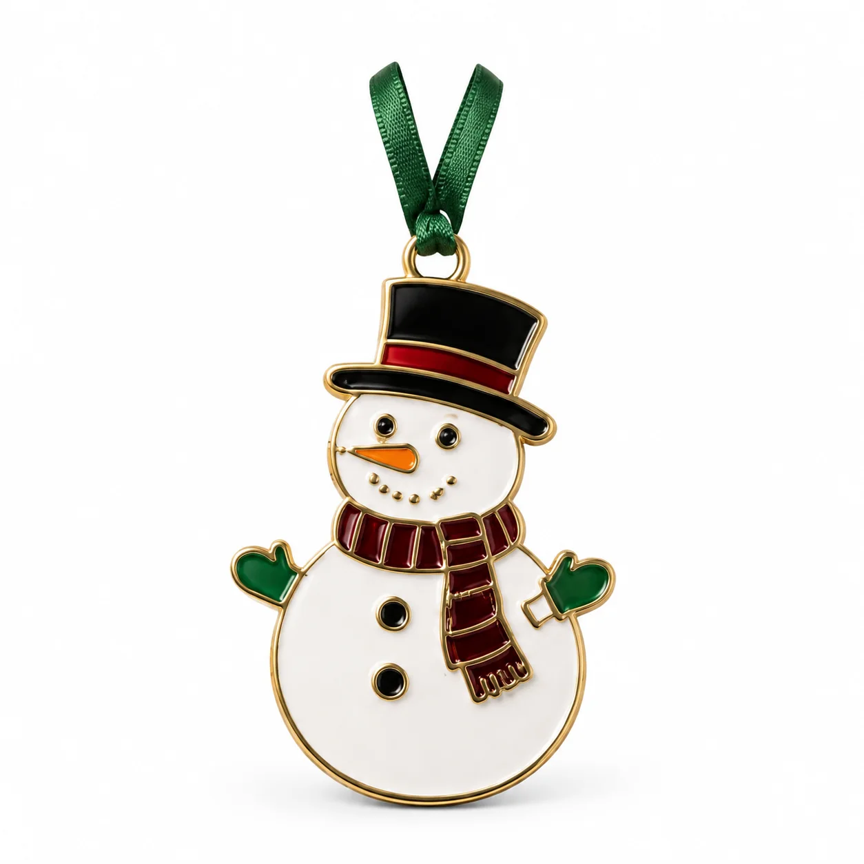 Custom snowman metal ornament with green hanging ribbon