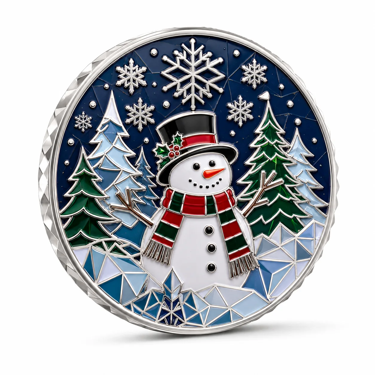 Custom snowman winter challenge coin with snowflakes and evergreen trees