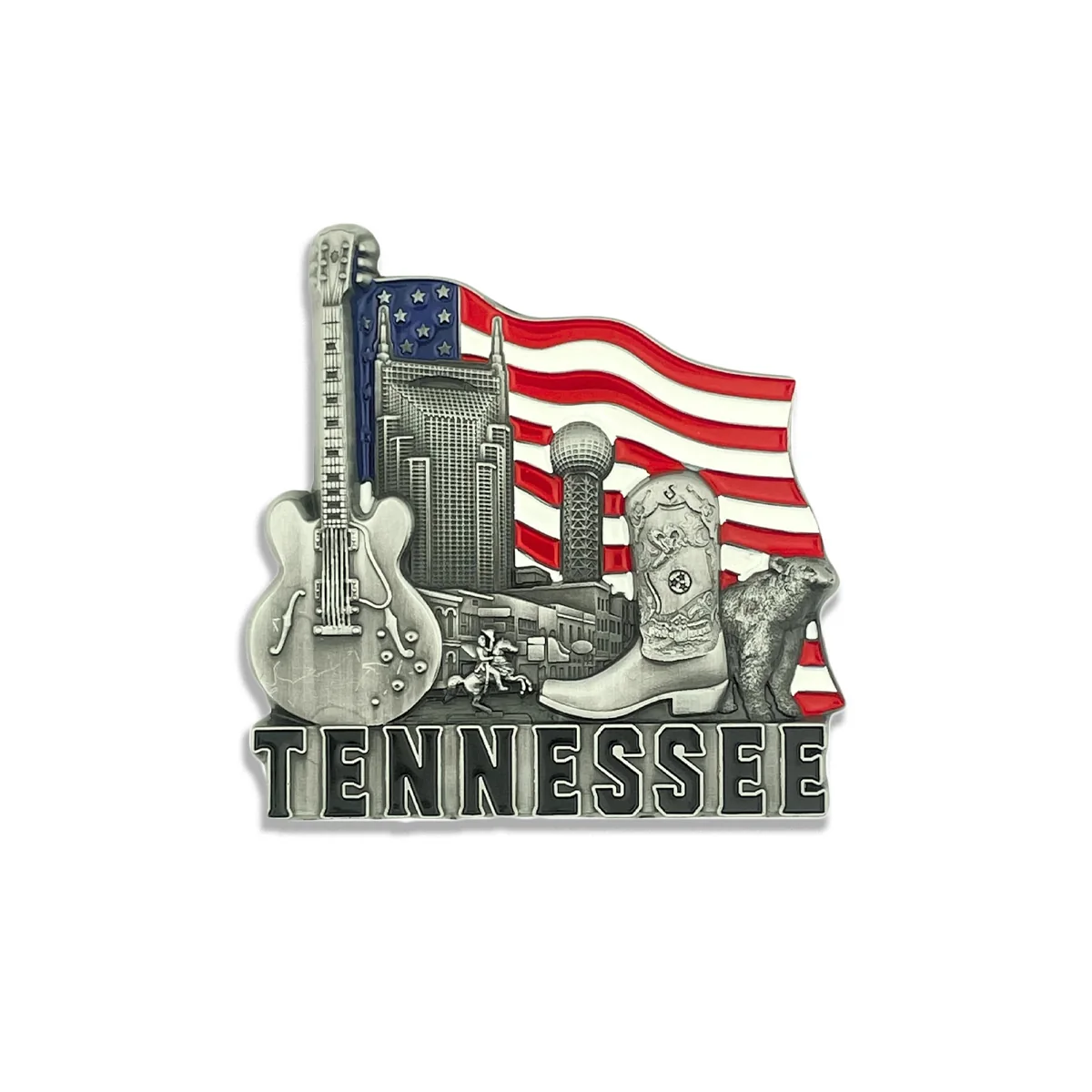 Tennessee metal fridge magnet with American flag, guitar, skyline, cowboy boot and bear