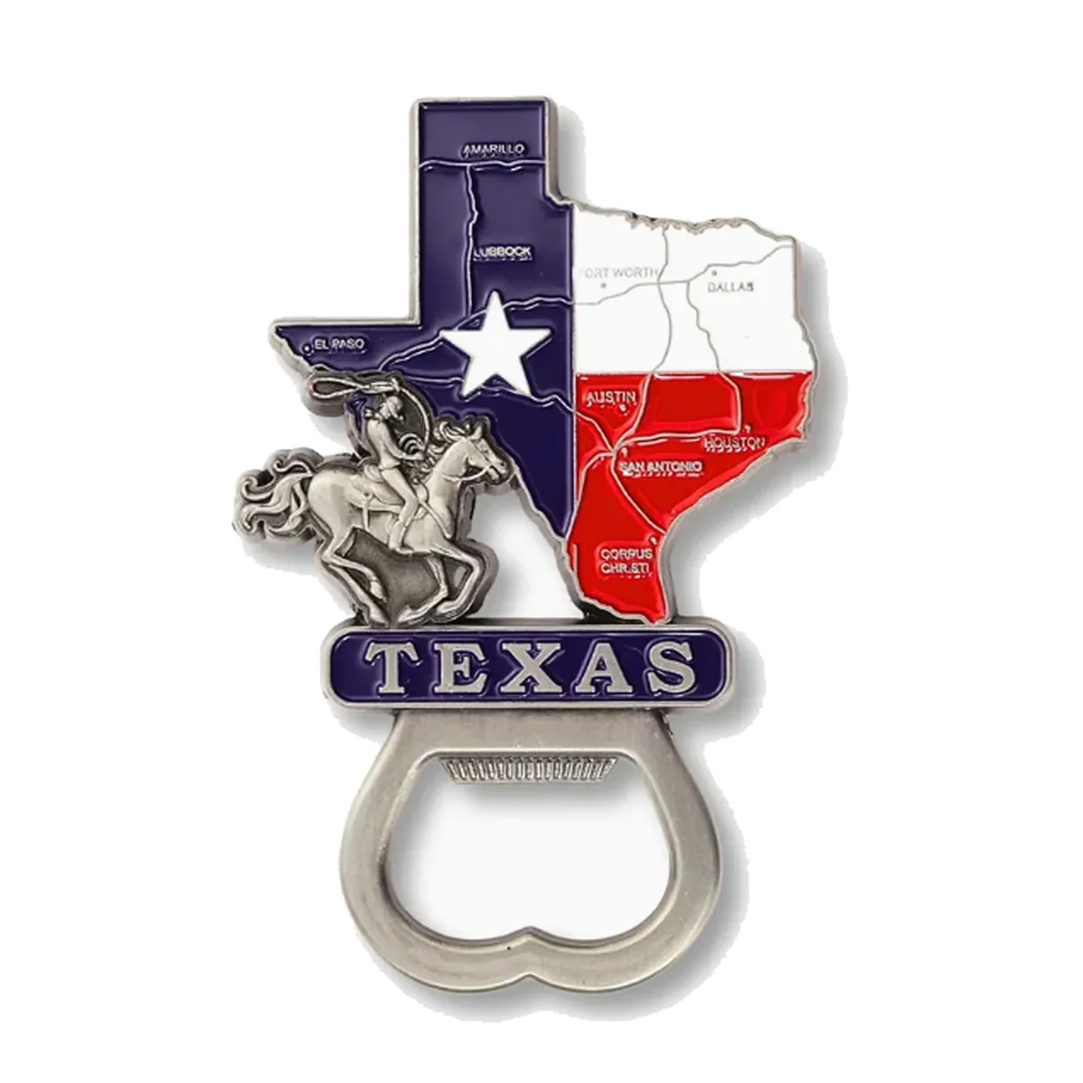 Texas map bottle opener fridge magnet with state flag colors, city labels, cowboy and TEXAS text