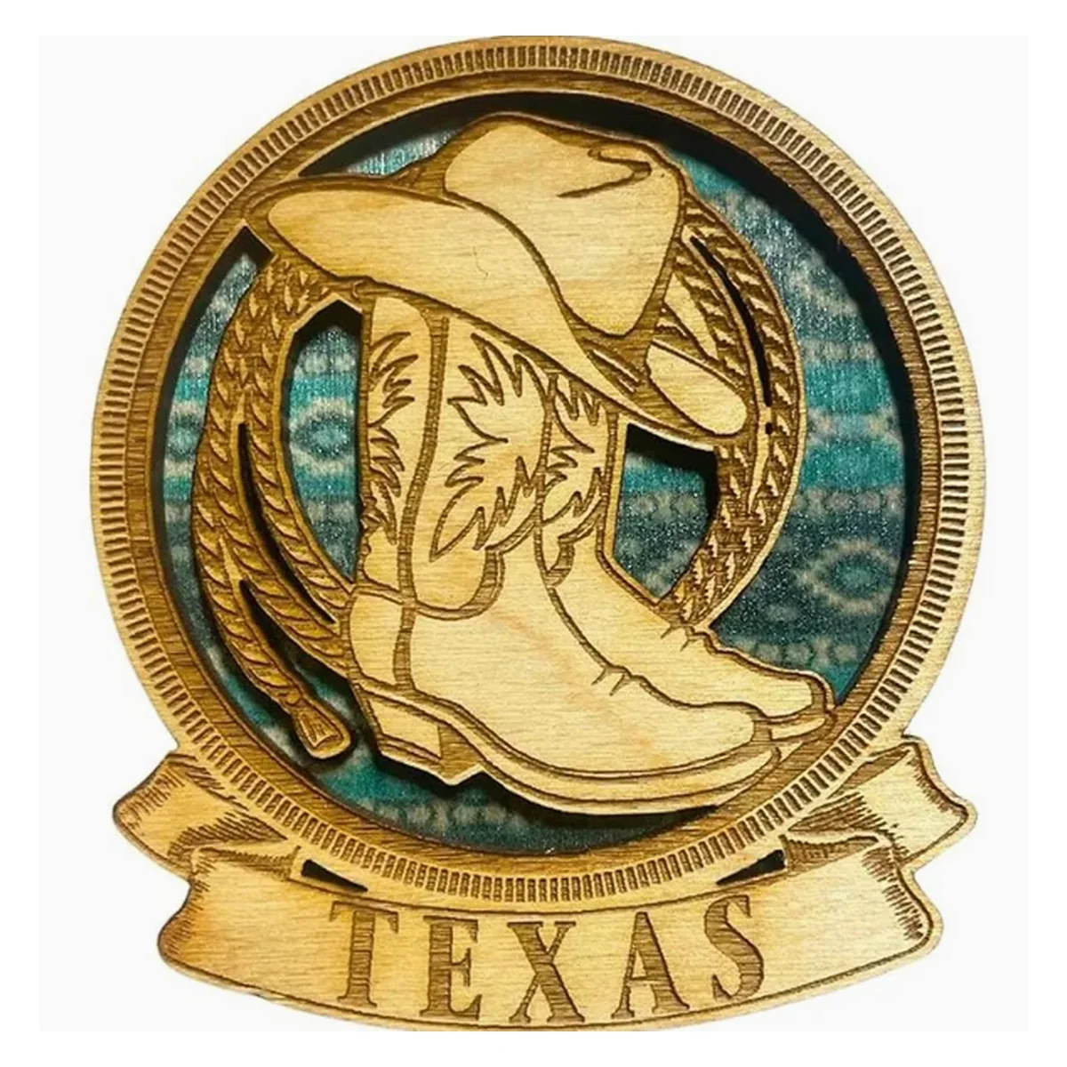 Round Texas souvenir fridge magnet with engraved cowboy boots, hats, rope and TEXAS banner