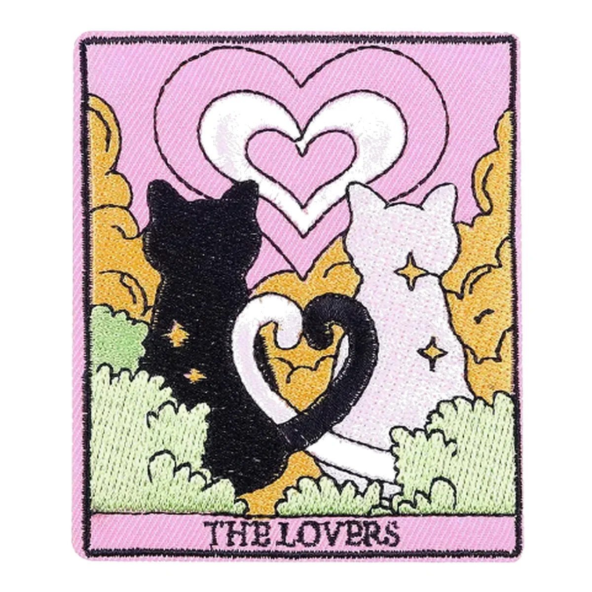 Custom The Lovers black and white cat embroidered patch Pink rectangular embroidered patch with black and white cats forming a heart beneath The Lovers text