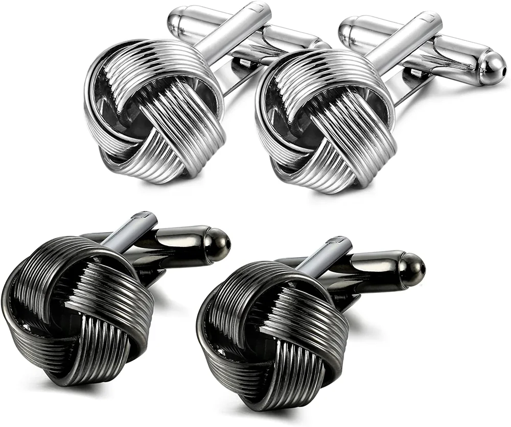 Silver-tone and dark gunmetal-tone knot cufflink pairs with ribbed interwoven bands