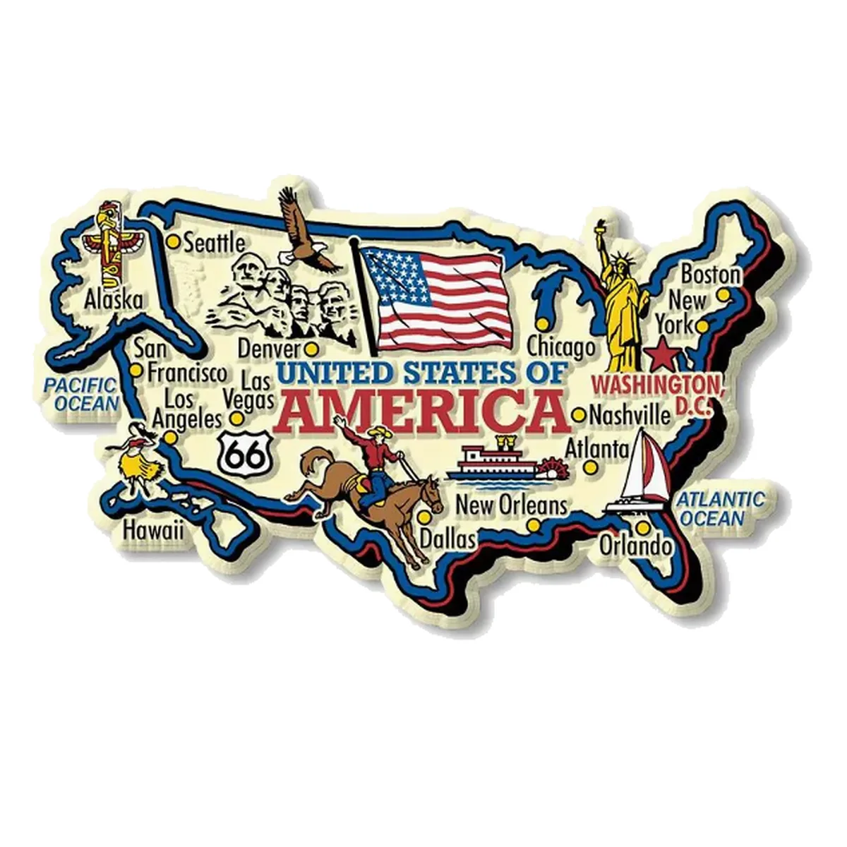 United States map fridge magnet with cities, flag, landmarks and travel illustrations
