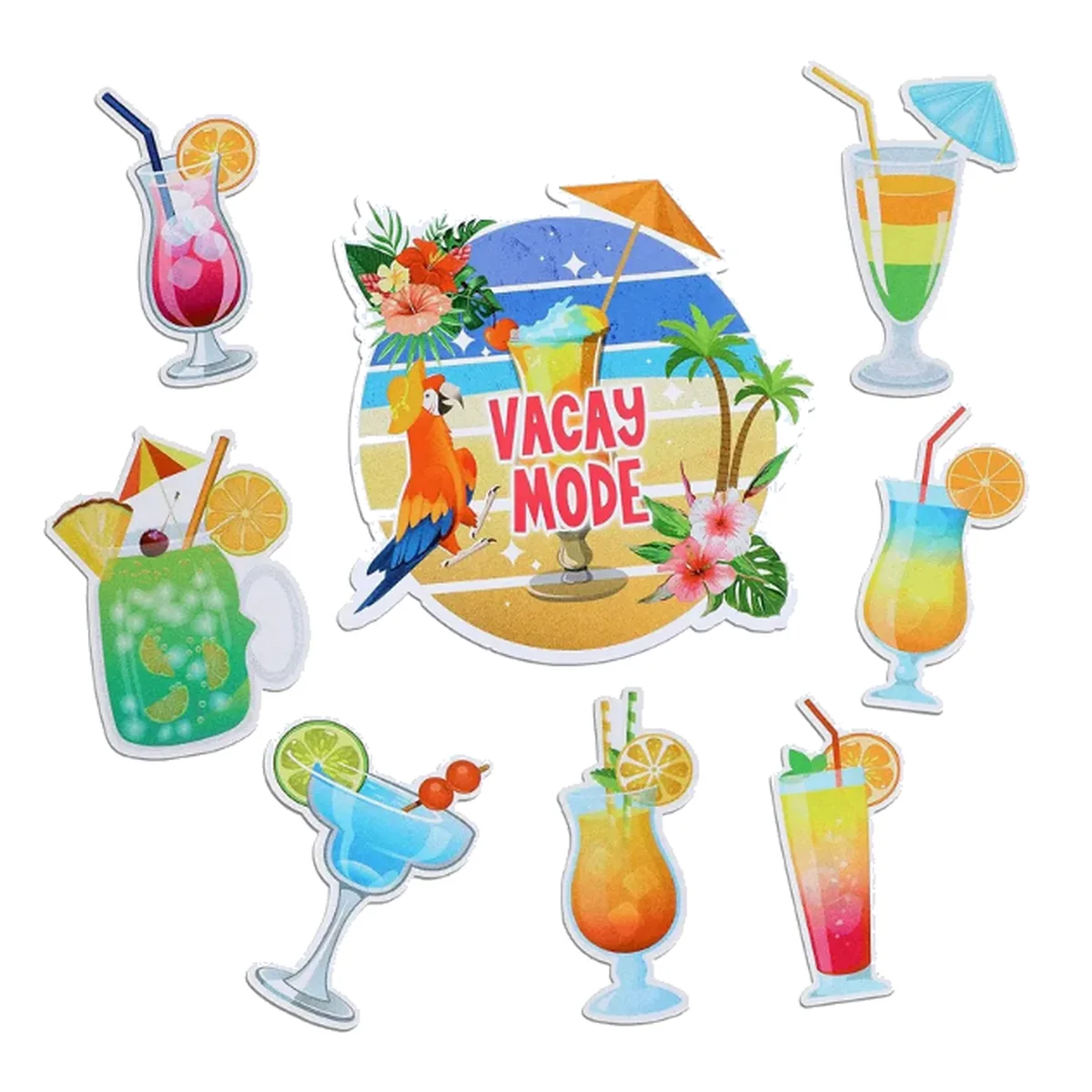 Tropical vacation drink magnet set with colorful cocktails, beach artwork and Vacay Mode text