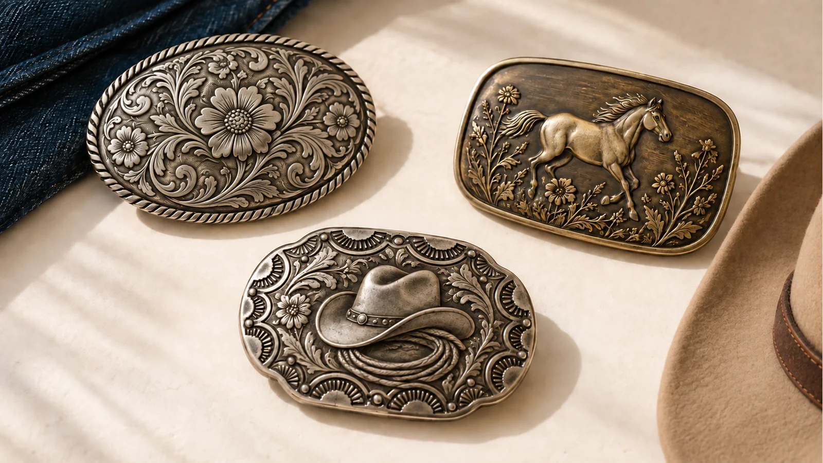 Three western belt buckle concepts arranged for a women’s retail collection
