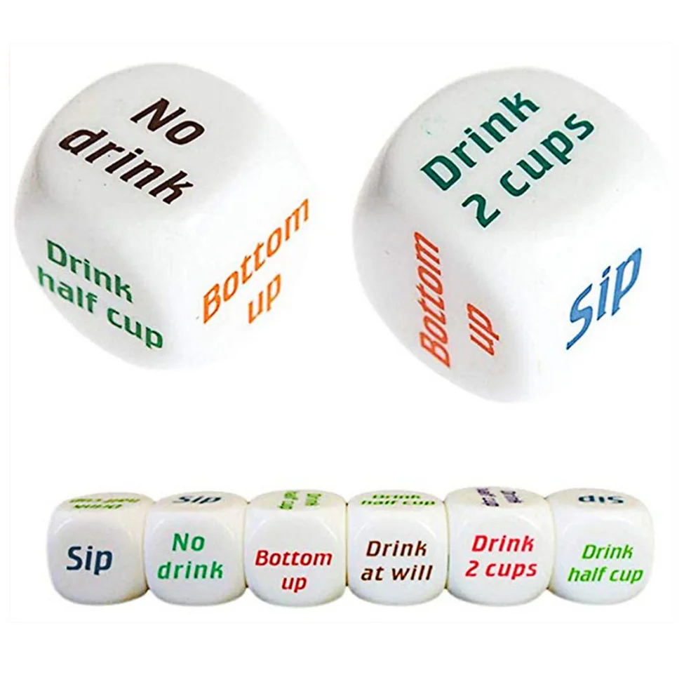 White drinking game dice printed with colorful prompts on a white background