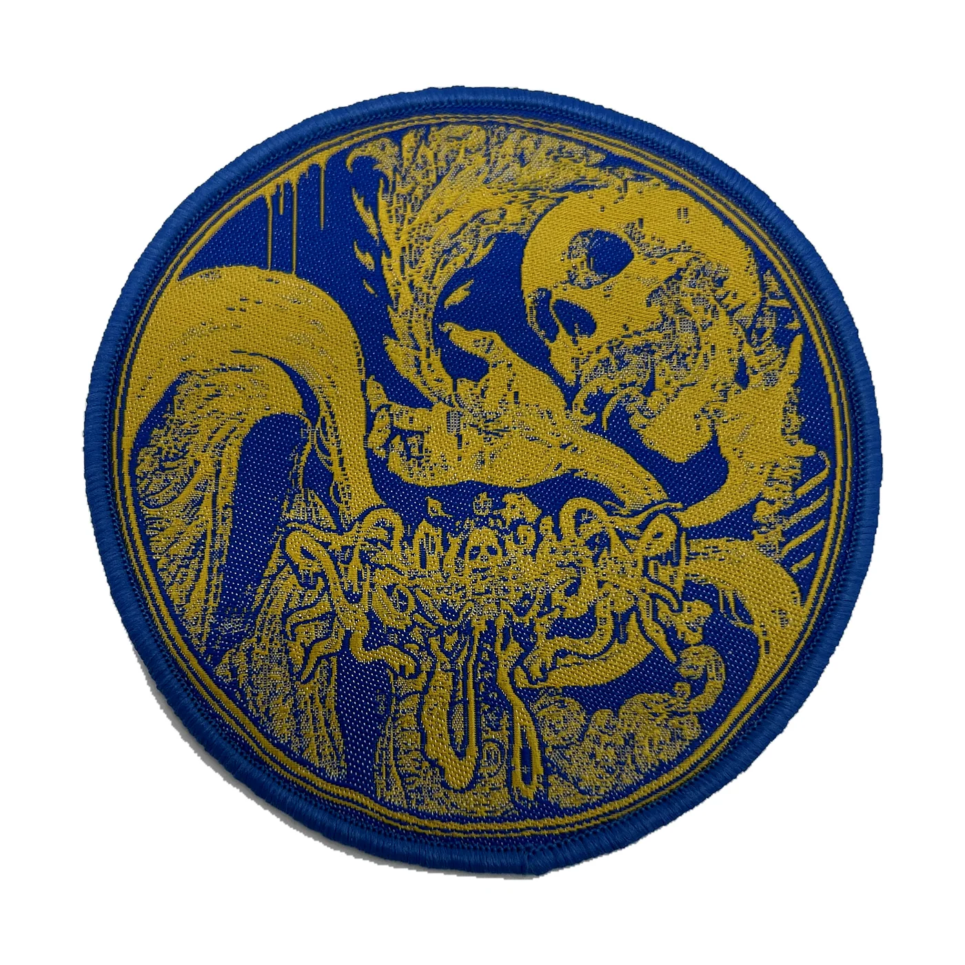 Blue and gold custom woven dragon round patch