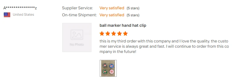 Customer review screenshot for a ball marker and hat clip repeat order
