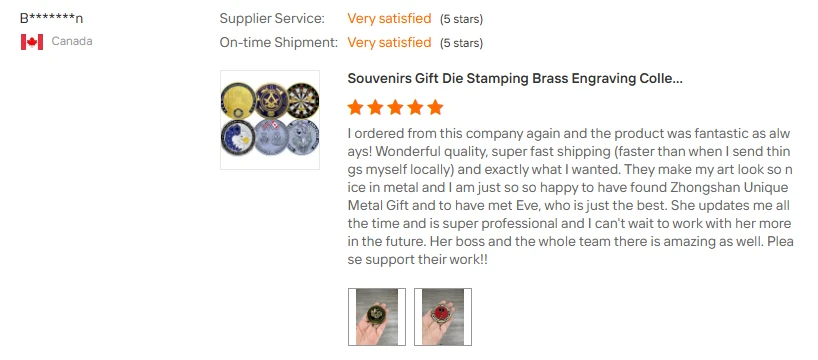 Customer review screenshot for brass engraving collectible coins from Canada