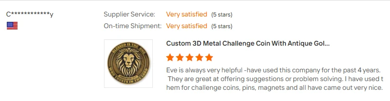 Customer review screenshot for a custom 3D metal challenge coin order