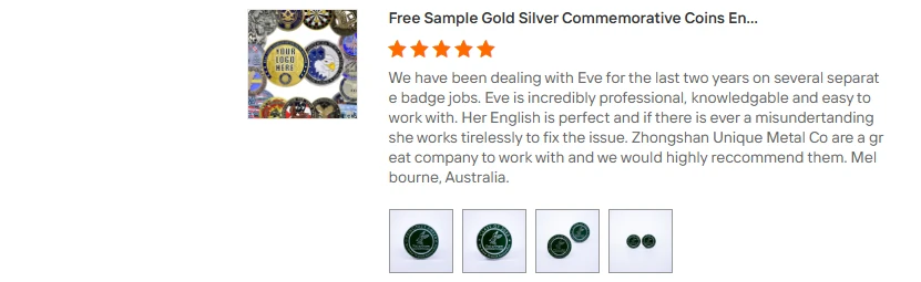 Customer review screenshot for commemorative coin orders from Australia