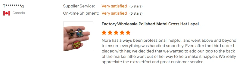 Customer review screenshot for a polished metal cross hat lapel pin order