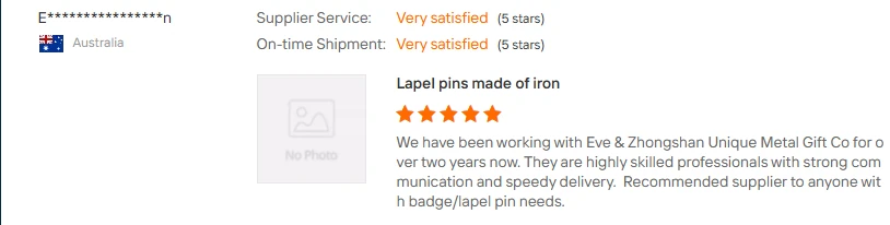 Customer review screenshot for iron lapel pins from an Australia customer
