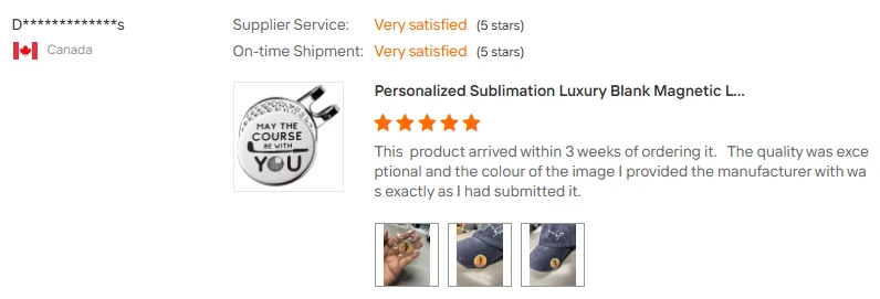 Customer review screenshot for a personalized magnetic clip order from Canada