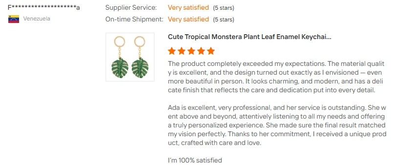 Customer review screenshot for a tropical monstera plant leaf enamel keychain order