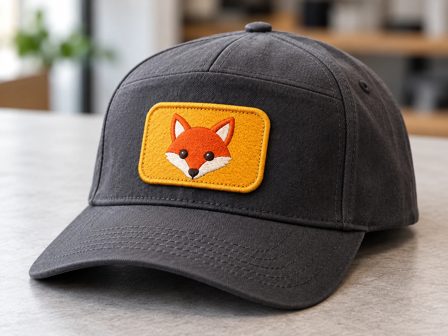 Close-up of an embroidered patch attached to the front panel of a cap