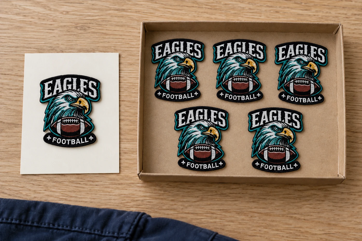 One embroidered patch beside a small group of matching patch samples