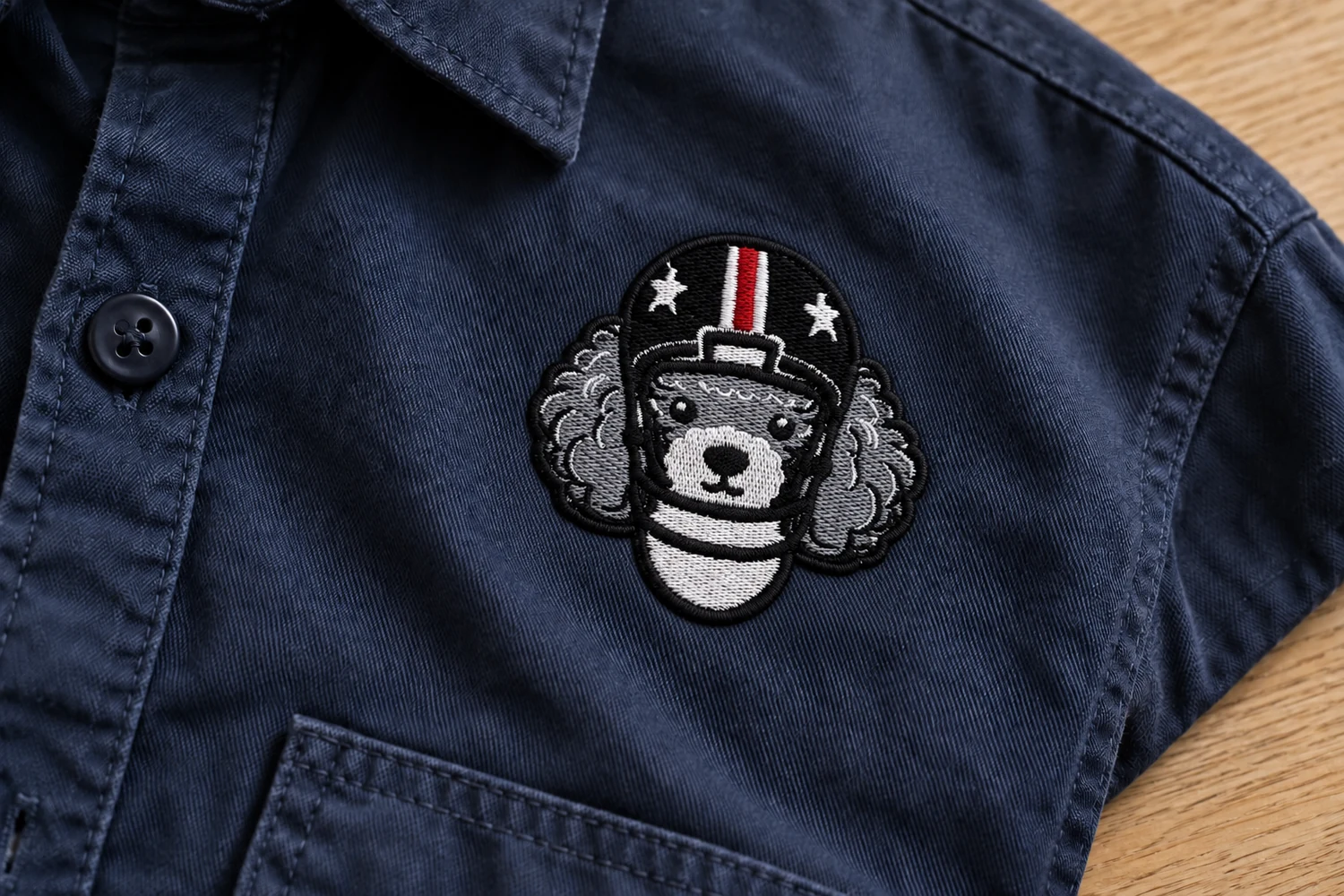 Close-up of an embroidered patch sewn onto a navy uniform shirt