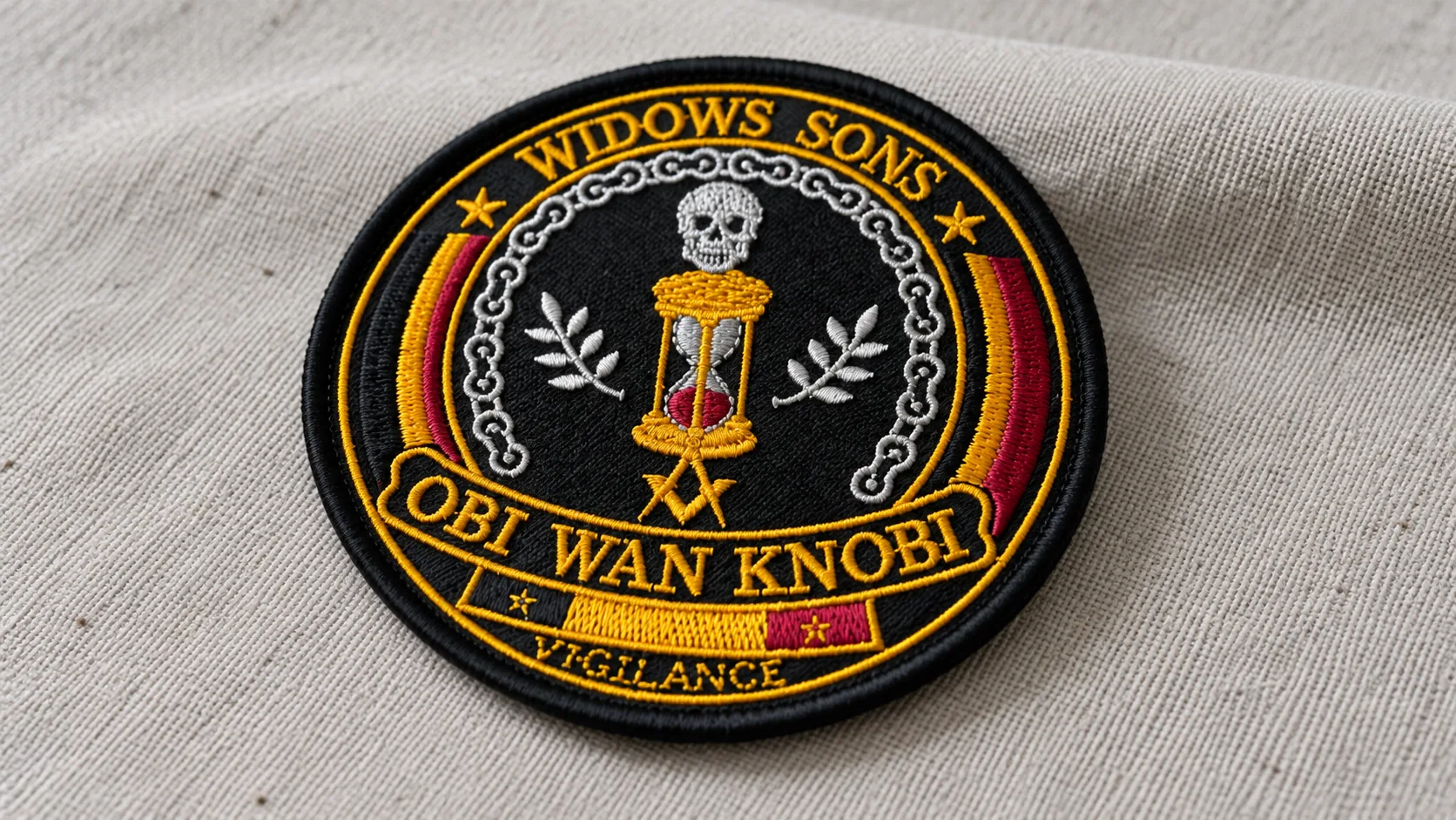 Angled close-up of lettering and raised stitches on an embroidered patch.