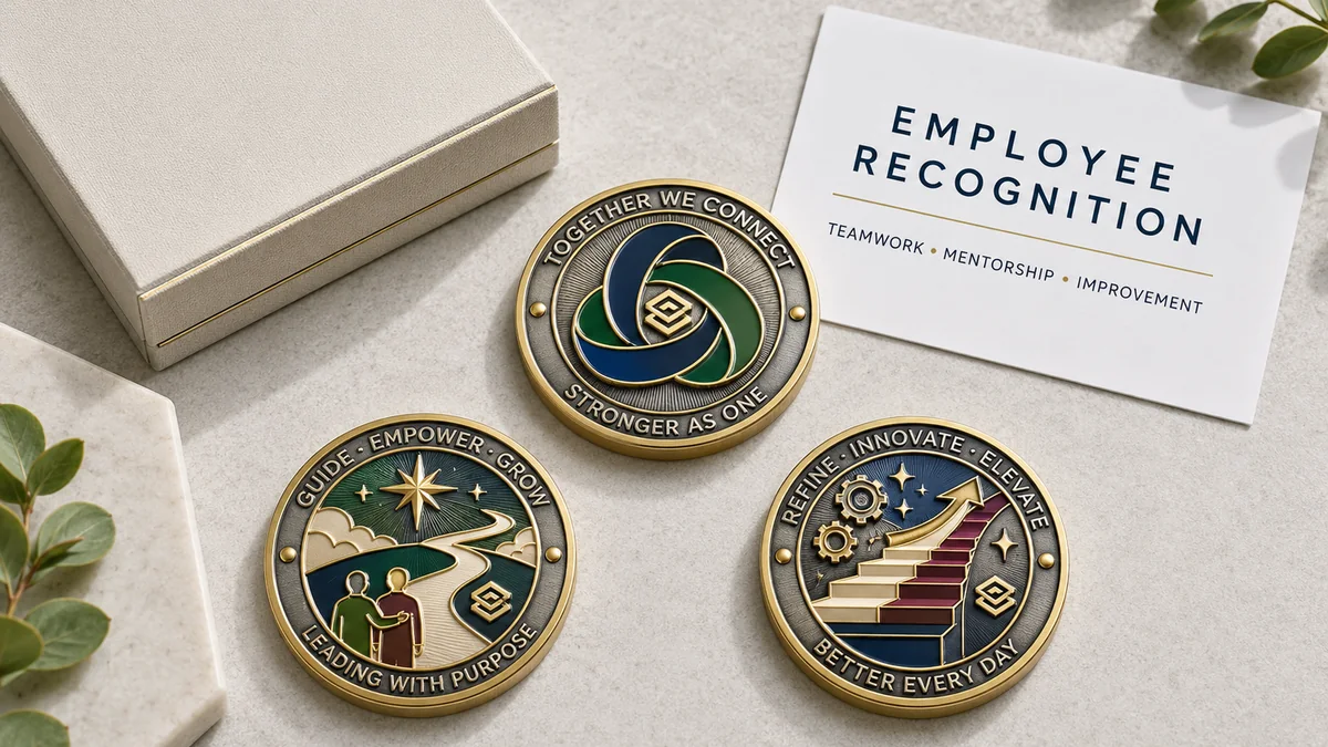 Coordinated employee recognition challenge coin series for company programs