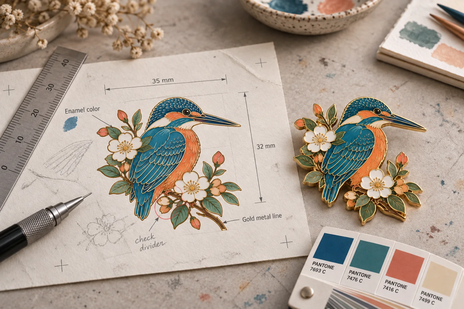 Printed enamel pin artwork beside a matching sample for checking color areas and fine metal dividers