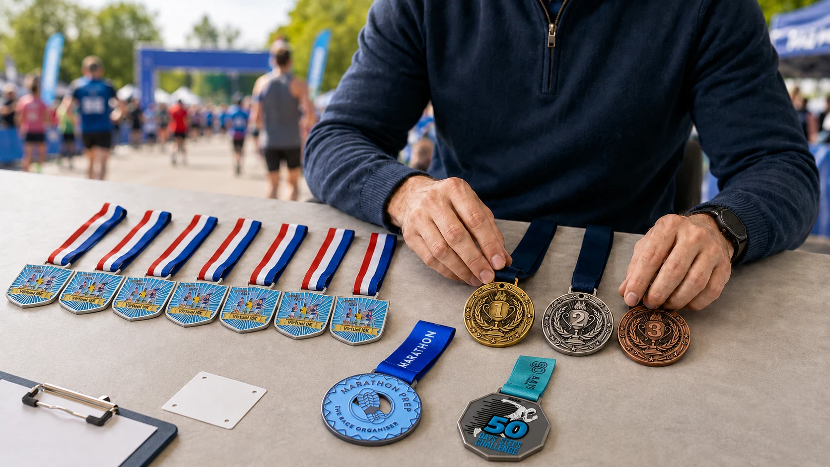 Finisher medals and placement medals prepared for a race event