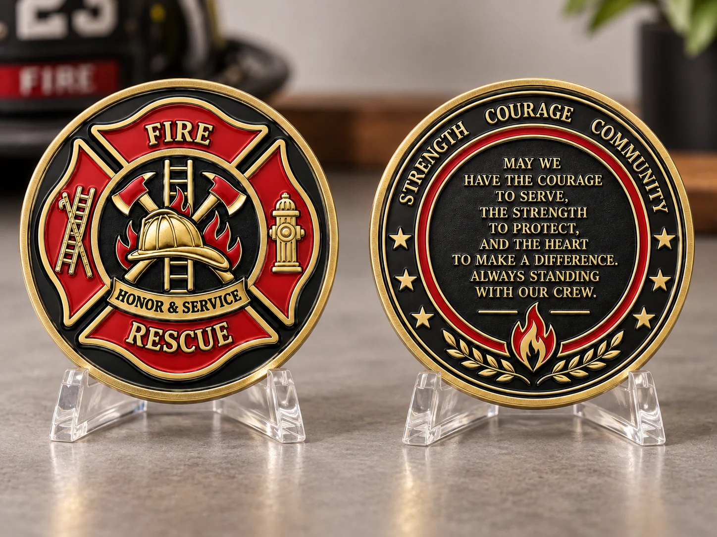 Front and back firefighter challenge coins displayed on clear stands