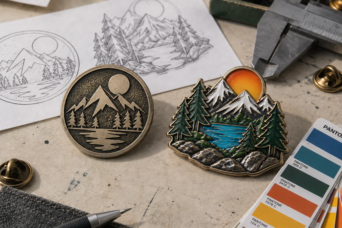 Flat die struck logo pin compared with sculpted die cast relief