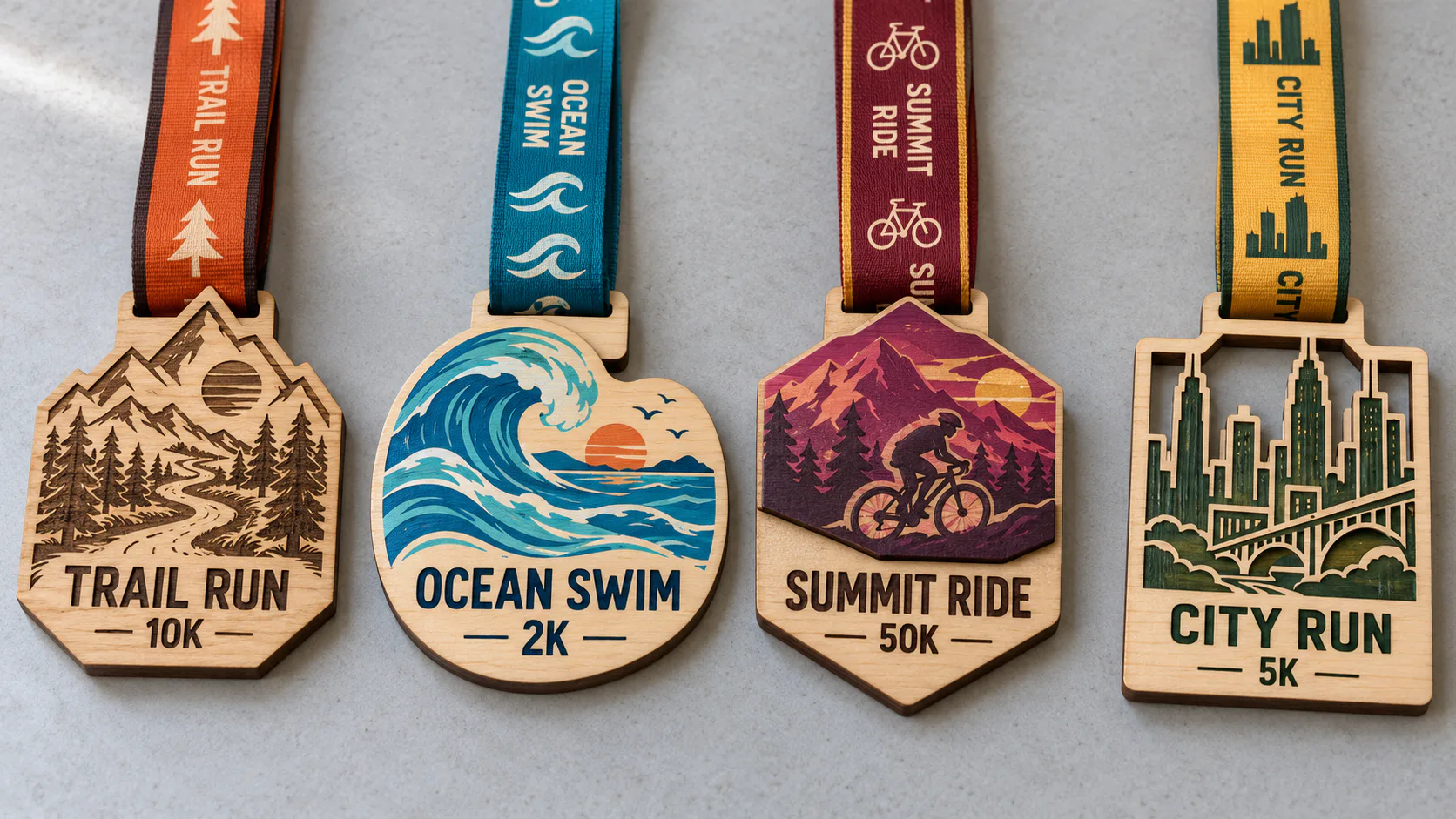 Four wooden medal design concepts for trail running, swimming, cycling and city running, with matching ribbons