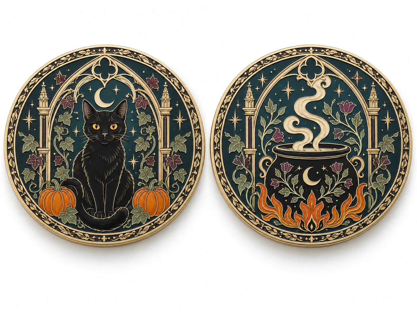 Two sides of a Halloween coin showing a black cat and a steaming cauldron