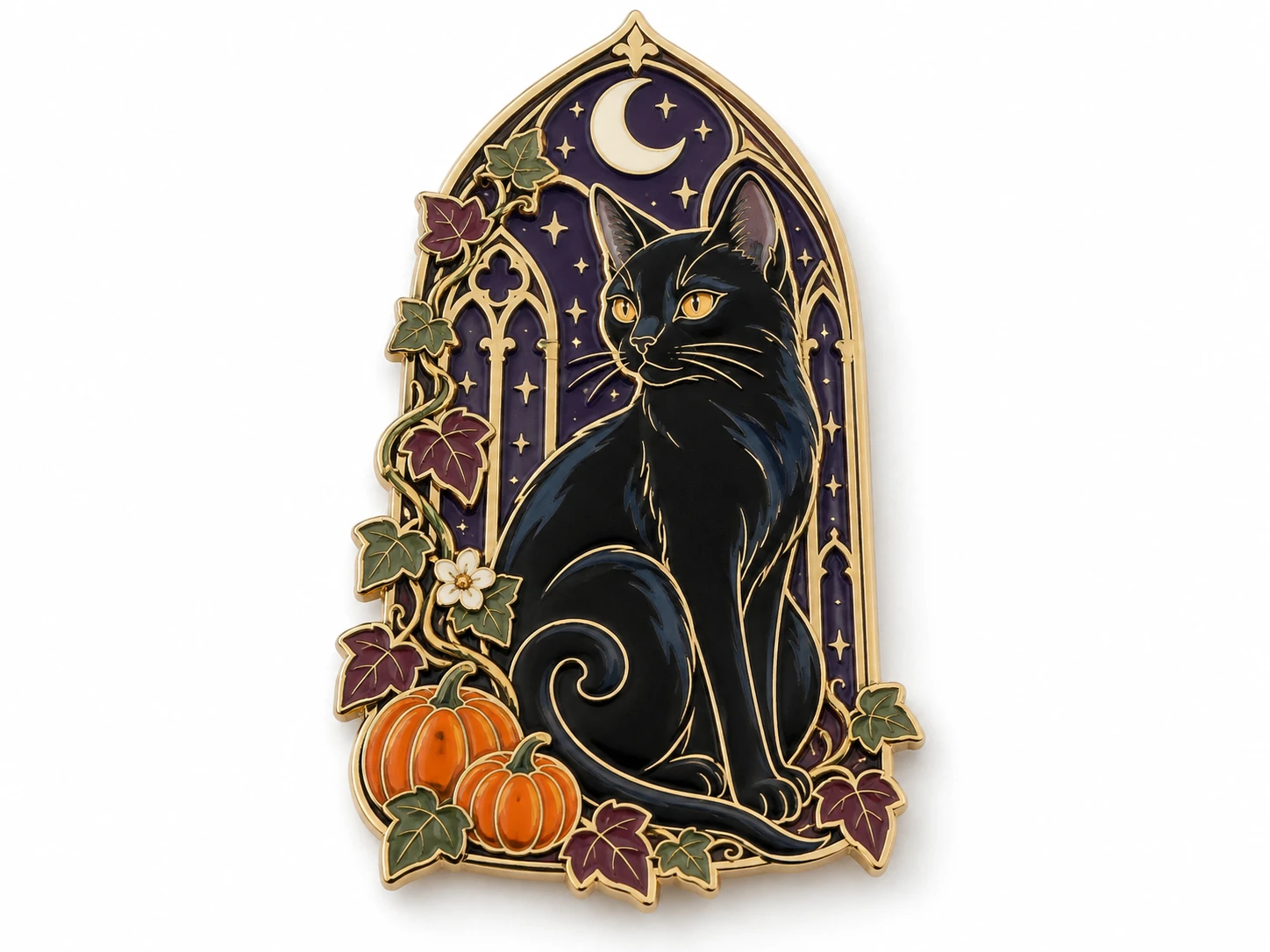 Black cat enamel pin with a crescent moon, pumpkins and a pointed arch
