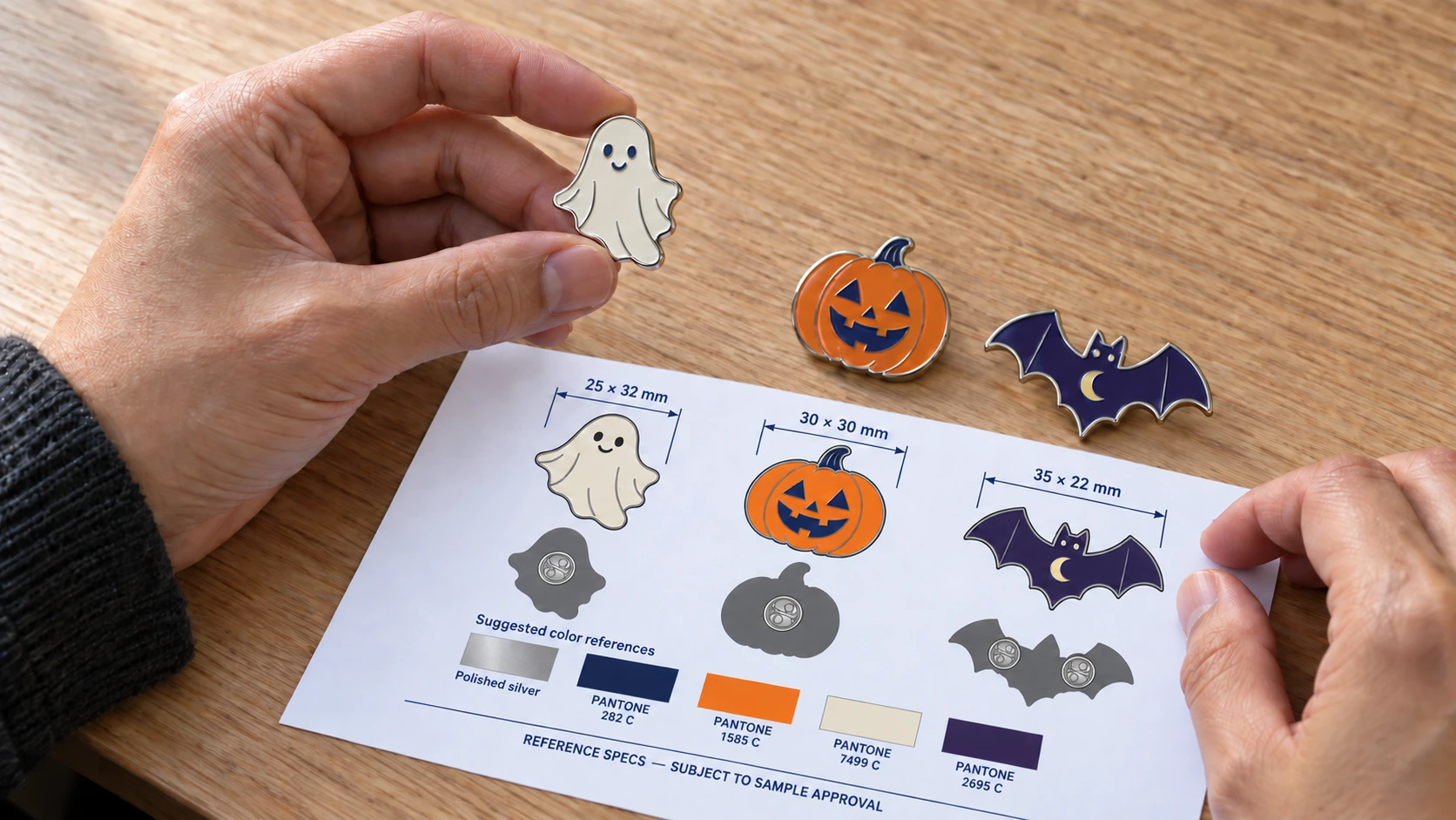 A buyer reviewing a ghost enamel pin beside matching Halloween artwork and sample pins