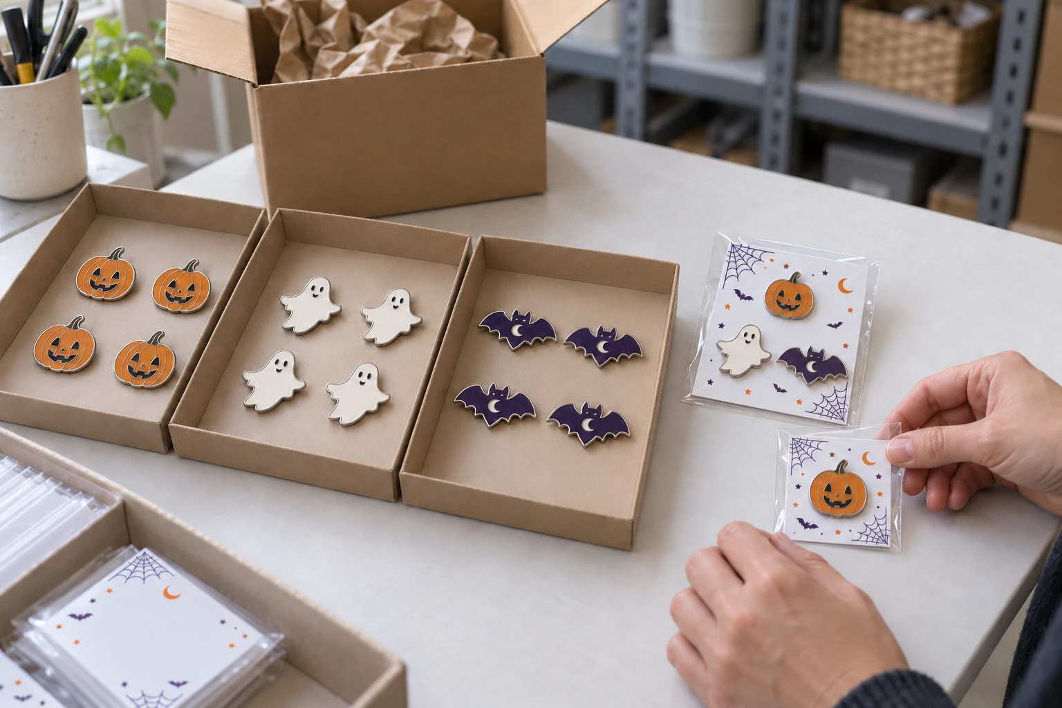 Halloween enamel pins sorted by design beside individual packaging and a three-pin set