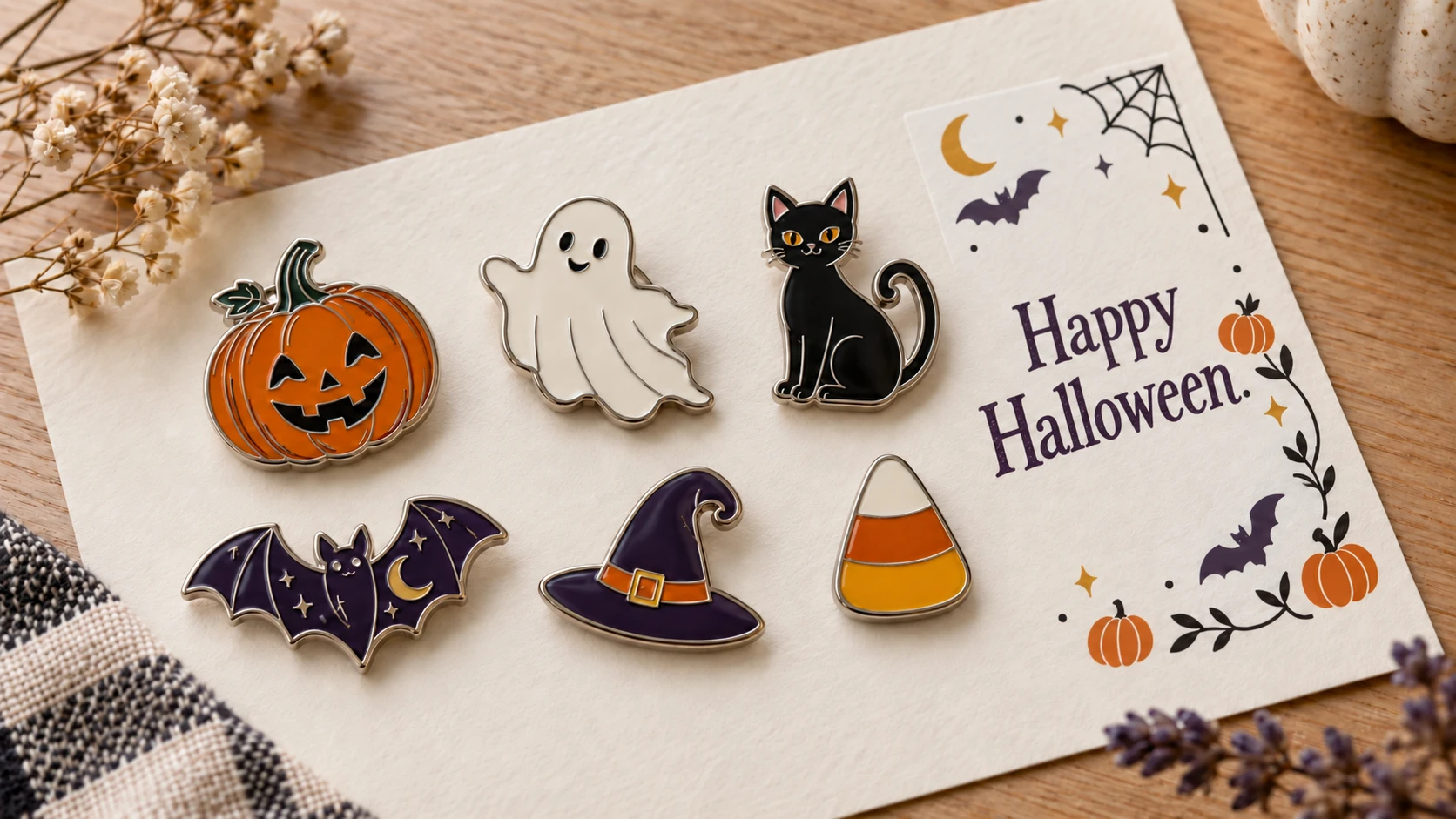Halloween enamel pin designs featuring a pumpkin, ghost, black cat, bat, witch hat, and candy corn