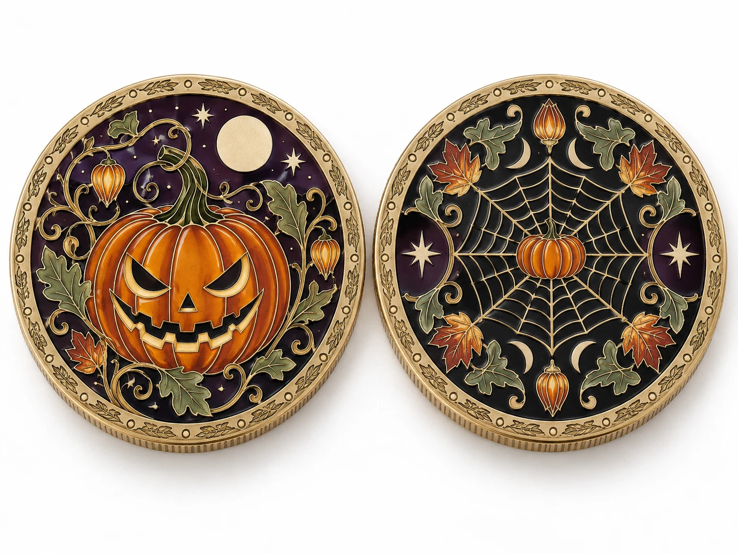 Two sides of a Halloween coin showing a jack-o-lantern and a pumpkin spiderweb design