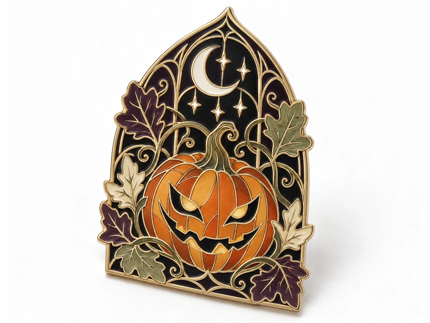 Jack-o-lantern enamel pin with a crescent moon, stars and autumn leaves