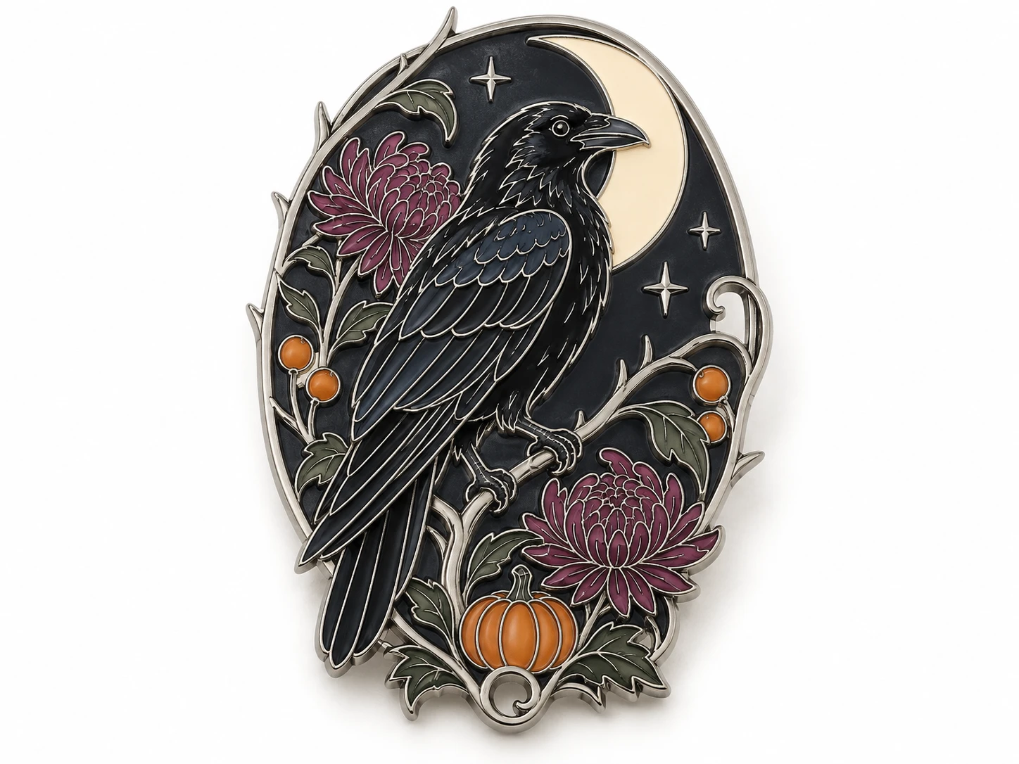 Raven enamel pin with a crescent moon, purple flowers and a pumpkin