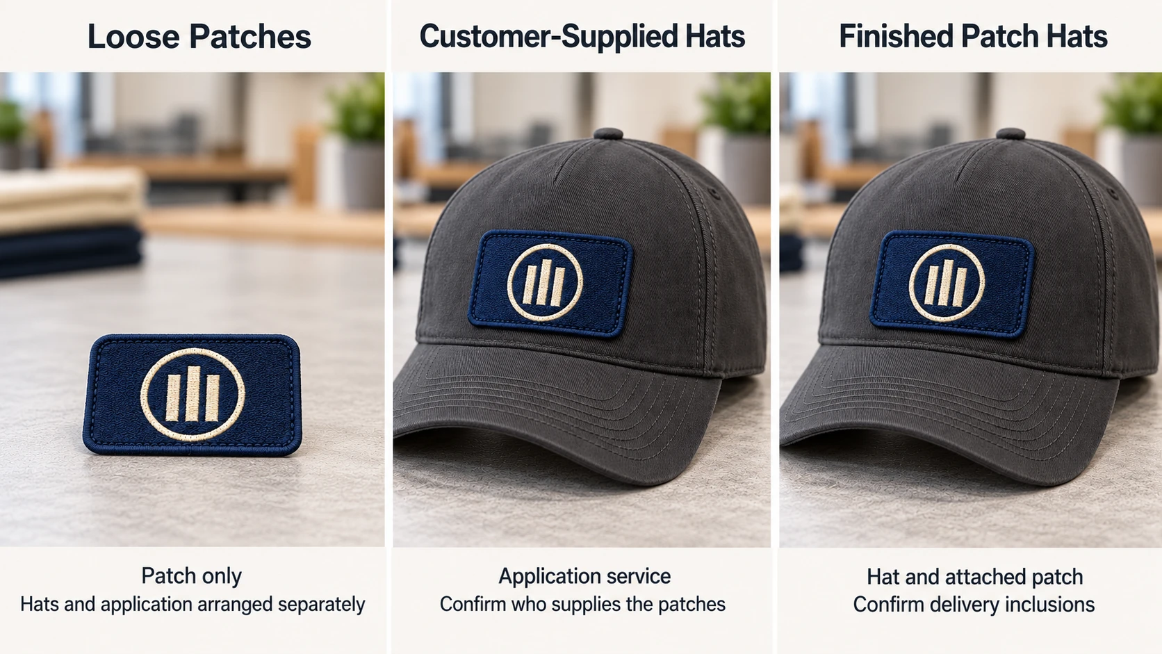 Three-panel comparison of loose patches, patch application on customer-supplied hats, and finished hats with patches attached.