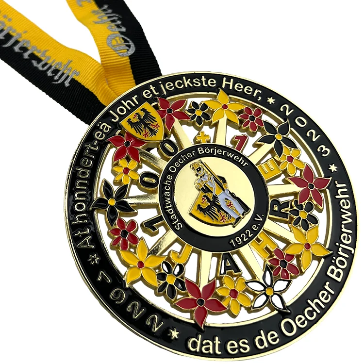 Custom medal with floral enamel and ribbon