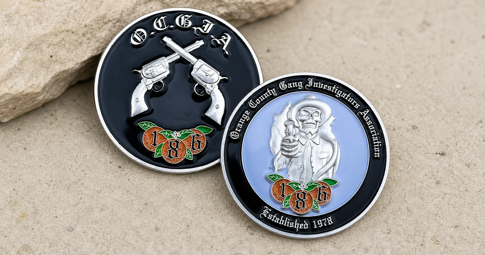hybrid 2D and 3D challenge coin with enamel colors, raised lettering and sculpted figures