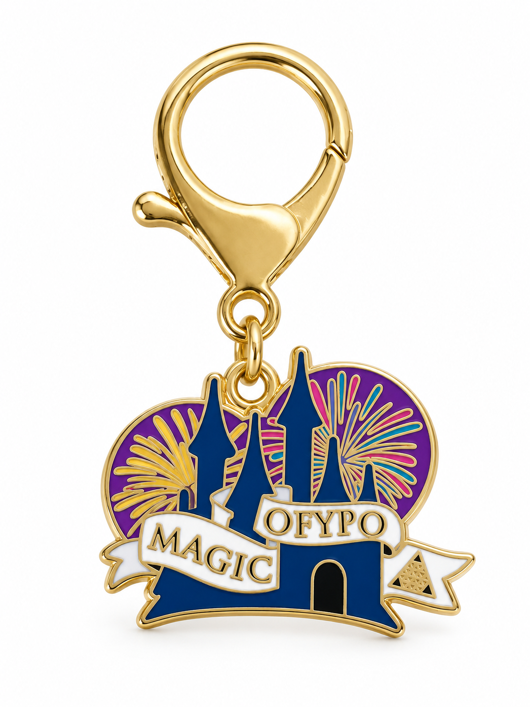 Gold-tone castle and fireworks keychain with MAGIC and OFYPO lettering