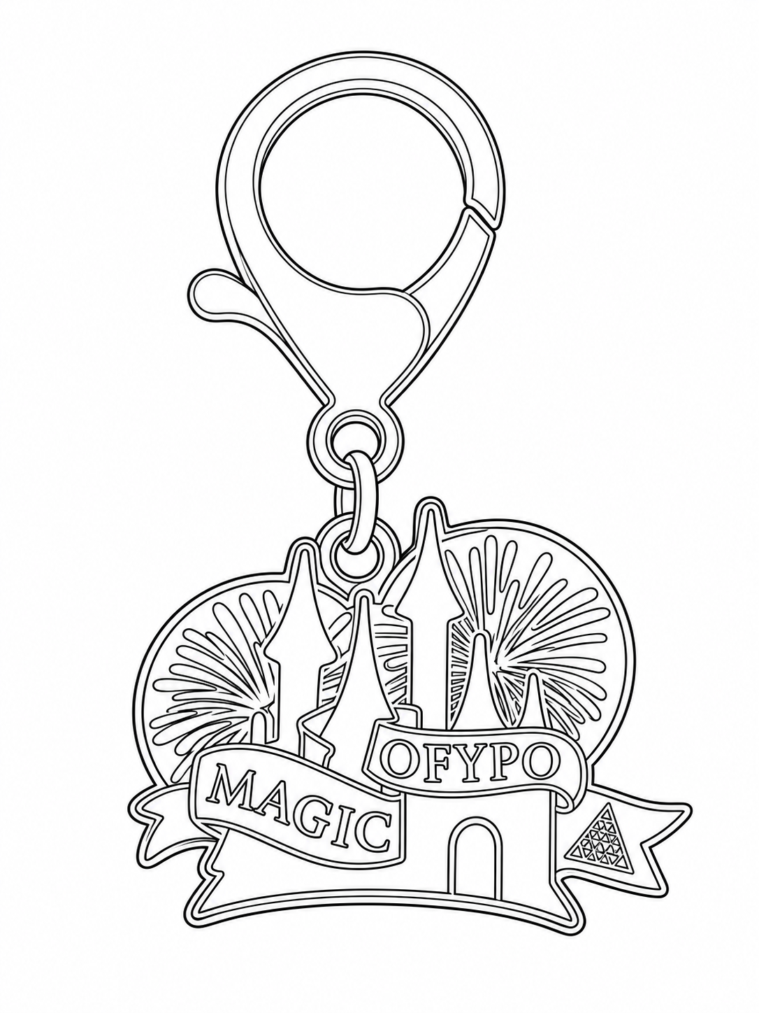 Black line drawing of a castle and fireworks keychain with MAGIC and OFYPO lettering