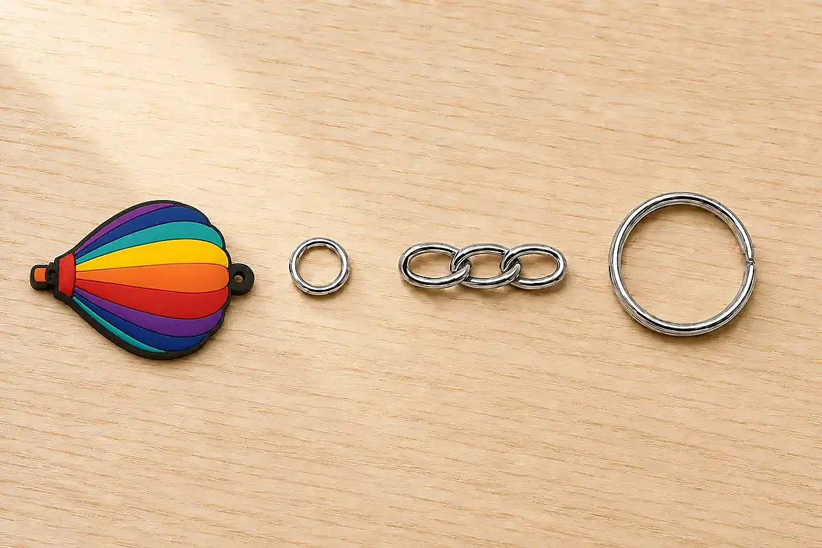 Keychain body connector chain and split ring shown as separate assembly parts