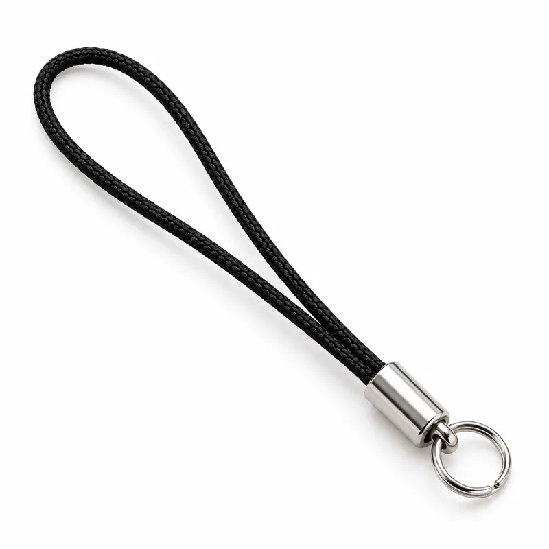 Black braided wrist strap with metal tip and split ring