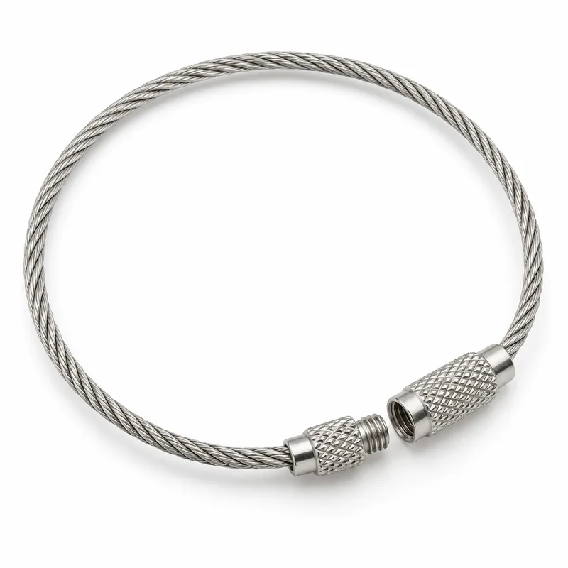 Silver wire cable key ring with screw-lock connector