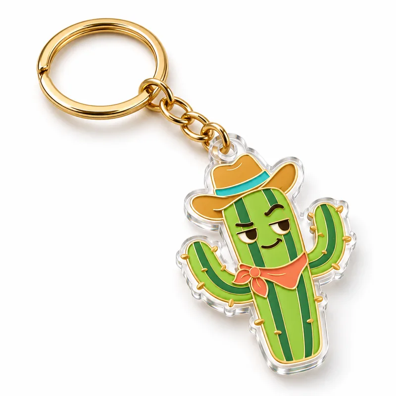 Illustrative clear-edged acrylic cactus keychain with a split ring