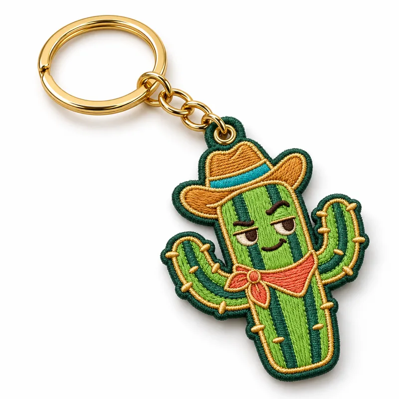 Illustrative embroidered fabric cactus keychain with a stitched edge and a split ring